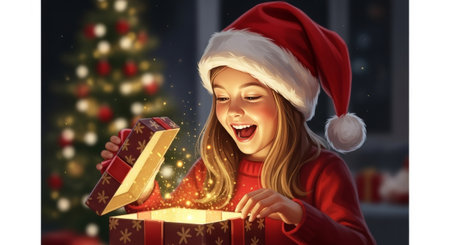 A digital illustration depicts a joyful young girl opening a glowing Christmas gift, with warm lighting and a festive, whimsical style ideal for holiday advertising and editorial content.の素材