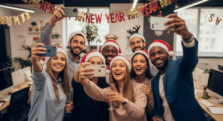 This image features a diverse group of people celebrating New Year's in an office, using a warm and inviting color palette suitable for advertising or editorial content.の素材