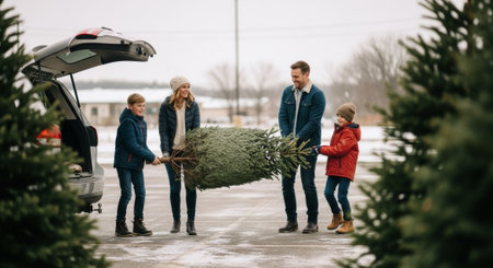 A family pulls a Christmas tree out of a car in a wintery parking lot, featuring warm clothing and a joyful mood, suitable for holiday-themed advertising.の素材