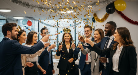 This image captures a celebratory office scene with a diverse group of professionals toasting champagne, ideal for business, success, and achievement themes in advertising or editorial contexts.の素材