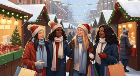A colorful illustration depicts a group of friends shopping at a Christmas market, dressed warmly in winter attire, making this ideal for holiday advertising or editorial use.の素材