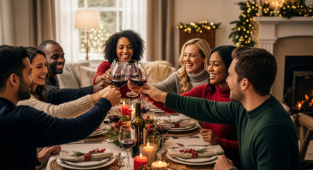 A diverse group celebrates with wine, capturing a warm holiday gathering with a cozy, inviting setting, suitable for advertising and editorial use. It highlights friendship and festive cheer.の素材