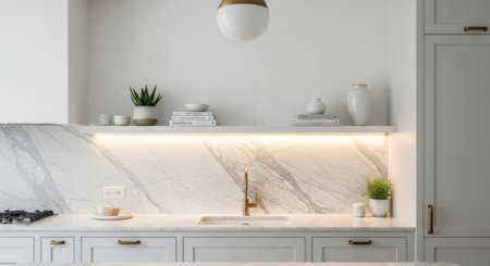 A clean, modern kitchen design with marble countertops, gold fixtures, and minimalist decor, ideal for lifestyle, home decor, or advertising use.の素材