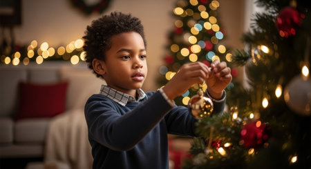 A heartwarming image of a young boy decorating a Christmas tree, ideal for seasonal advertising or editorial features, showcasing the joy of the holidays.の素材