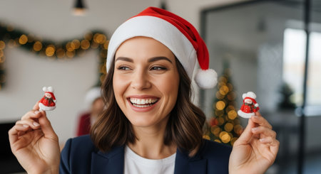 A smiling woman in a Santa hat holds Christmas ornaments in a modern office setting, suitable for holiday promotions or editorial articles. The image has a warm, inviting style.の素材