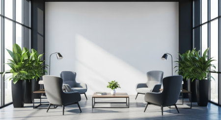 This image showcases a modern interior design with minimalist furniture, natural light, and green plants, ideal for use in architectural, editorial, and lifestyle projects.の素材