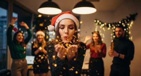 A joyful image of a woman with friends celebrating, blowing confetti, suitable for holiday advertising, social media content, and editorial usage. It has a festive, celebratory mood.の素材