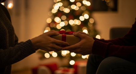 This image features two people exchanging a beautifully wrapped gift with a bokeh background, ideal for holiday advertising and editorial content.の素材