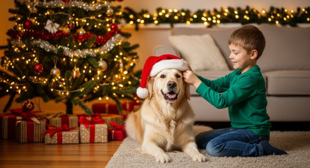 A heartwarming scene of a boy and his dog celebrating Christmas; ideal for holiday cards, advertising campaigns, and family lifestyle publications, it evokes warmth and joy.の素材