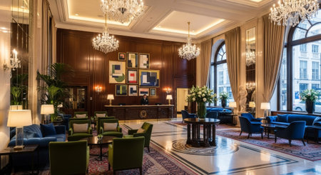Luxurious hotel lobby with classic design, rich wood paneling, and marble flooring, perfect for advertising campaigns and editorial content.の素材