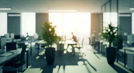 A modern, minimalist office interior is depicted through a soft focus lens, ideal for use in corporate branding, website design, and editorial content related to work or business.の素材