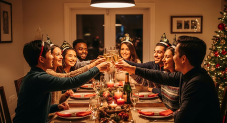 A diverse group celebrates with a champagne toast around a decorated table, ideal for holiday advertising and editorial content related to celebrations.の素材