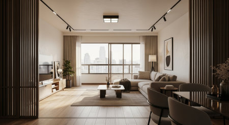 Interior shot displays a sleek, modern apartment living space featuring stylish furniture and architecture, suitable for advertising and design projects.の素材