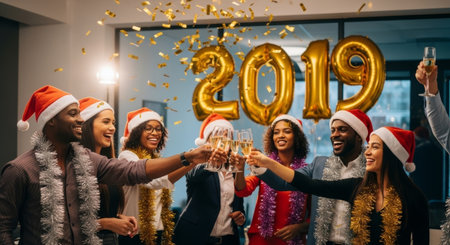 A diverse group of people in Santa hats and tinsel celebrate the New Year 2019, toasting with champagne and festive decorations, suitable for advertising and editorial use.の素材