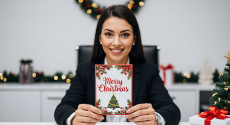 This image captures a business professional holding a Christmas card, suggesting corporate holiday greetings and can be used for advertising and festive marketing.の素材