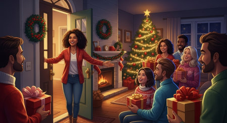 This image depicts a heartwarming Christmas gathering with diverse individuals, presents, and festive decorations, suitable for advertising, social media, and holiday-themed content.の素材