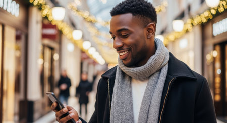 A handsome Black man in a stylish winter outfit smiles at his phone, creating a warm, inviting image ideal for lifestyle advertising or editorial features.の素材