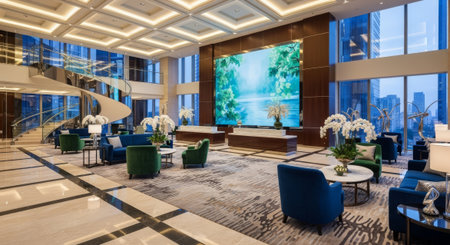 Interior shot of an upscale hotel lobby, showcasing modern design elements, luxurious furniture, and large windows with a cityscape view, suitable for advertising and editorial purposes.の素材