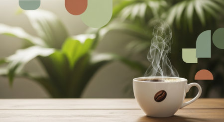 This image features a minimalist, modern aesthetic with a steaming cup of coffee, perfect for illustrating themes of relaxation and morning rituals.の素材