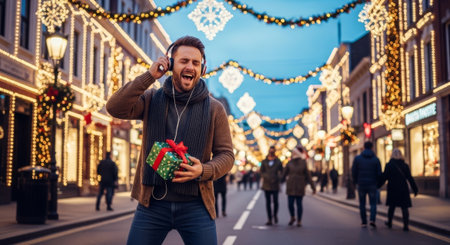 A man with headphones singing joyfully while holding a Christmas gift, set against a festive, illuminated streetscape, ideal for advertising holiday promotions.の素材