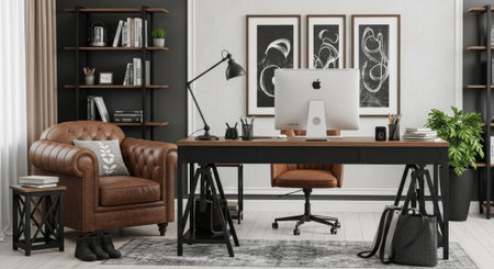 This image presents a stylish, modern home office interior with leather furniture, a wooden desk, and decorative elements, suitable for advertising or editorial content.の素材