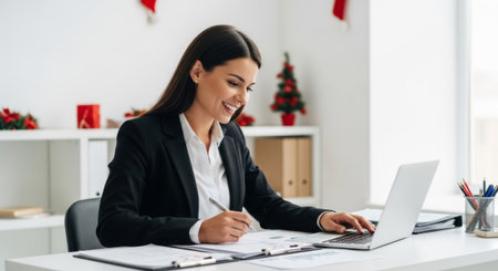 A professional woman in a suit works at her desk using a laptop and writing, with Christmas decorations in the background, suitable for business and holiday themes.の素材