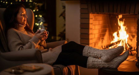 This image captures a serene, cozy moment with a woman enjoying a warm drink by a fireplace, ideal for lifestyle, comfort, and holiday content.の素材