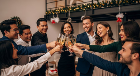 A joyful group celebrates with champagne flutes raised in a well-lit, festive setting, perfect for holiday-themed advertising.の素材