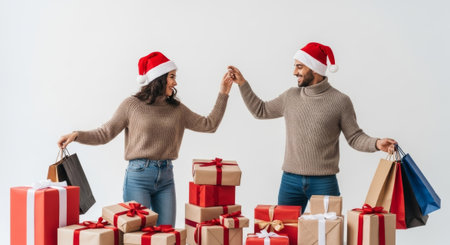 This festive image features a smiling couple dressed in Christmas attire, holding hands next to gift-wrapped presents, ideal for holiday advertising or editorial content.の素材