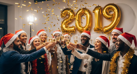 This festive stock photo features diverse people celebrating with champagne, confetti, and gold balloons, ideal for advertising and editorial use related to holidays and celebrations.の素材
