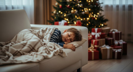 This cozy image depicts a young boy sleeping peacefully on a couch near a Christmas tree and gifts, perfect for holiday-themed advertising or editorial content.の素材
