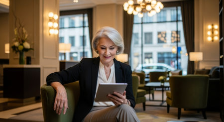 A sophisticated older woman in a blazer reads on a tablet in a luxurious hotel lobby, suitable for business, lifestyle, or technology advertising.の素材