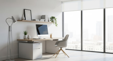 This image features a stylish, minimalist home office with a computer setup, emphasizing natural light and a city skyline view, perfect for advertising or editorial content.の素材