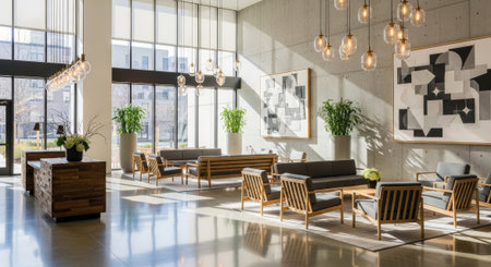 The image features a modern, airy interior with stylish furnishings, concrete walls, and hanging light fixtures, suitable for luxury advertising, editorial pieces, or real estate marketing.の素材