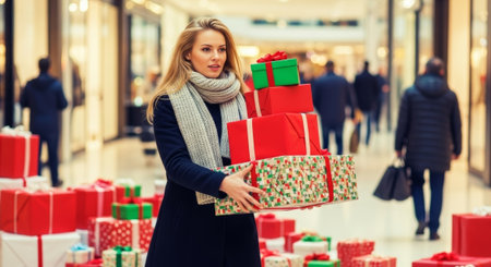 A woman with blonde hair carries a stack of colorful Christmas gifts in a mall setting, ideal for holiday advertising and lifestyle content. It features a warm, inviting style with soft focus.の素材