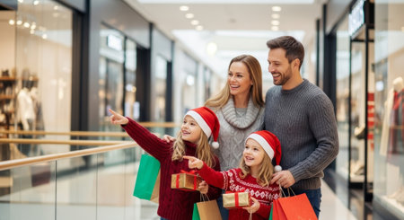 A family is shopping in a mall for Christmas, the style is joyful and the image is ideal for use in advertisements, holiday promotions or editorials.の素材