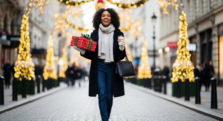 A joyful woman carries gifts and a coffee while walking in a Christmassy street, perfect for advertising campaigns or editorial content related to shopping or winter holidays.の素材