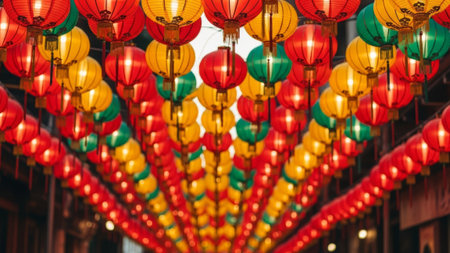 Colorful Chinese lanterns hanging on a street at nightの素材