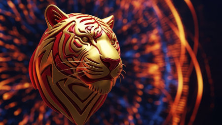 Golden red tiger mask, abstract fire background, symbol of powerの素材