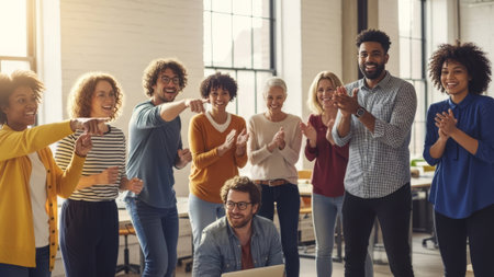 Diverse team clapping and celebrating in bright modern officeの素材