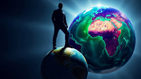 Man on globe, space, stars, planets, universe, earthの素材