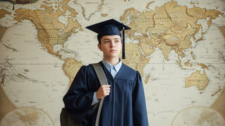 Graduate with backpack by world map.の素材