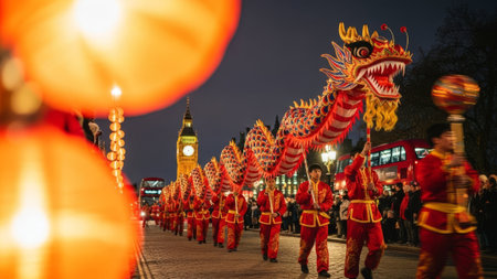Chinese New Year dragon dance parade, London, Big Ben, lanternsの素材