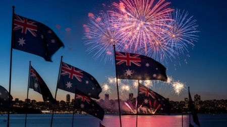 Australian flags waving, fireworks, city skyline at dusk.の素材