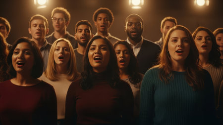 Diverse choir singers perform in a dimly lit concert hall.の素材