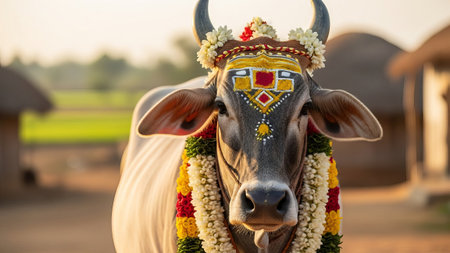 Decorated Indian bull with garlands in a village at sunsetの素材