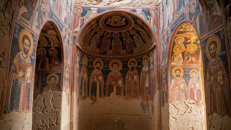 Ancient Byzantine frescoes in Cappadocia cave church, holy figures, artの素材