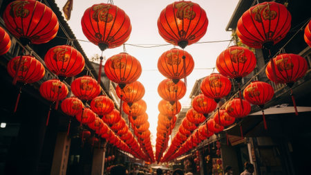 Red lanterns, street market, festival lights, Chinese New Year, Asian culture.の素材