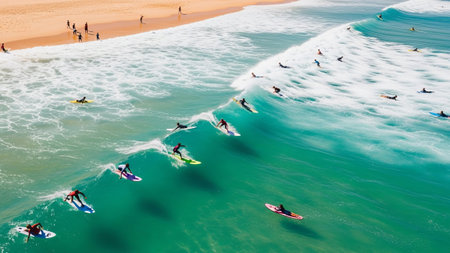 Surfers on boards ride ocean waves, sandy beach background.の素材