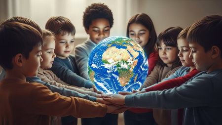 Diverse kids holding glowing Earth globe together, unity, indoors.の素材